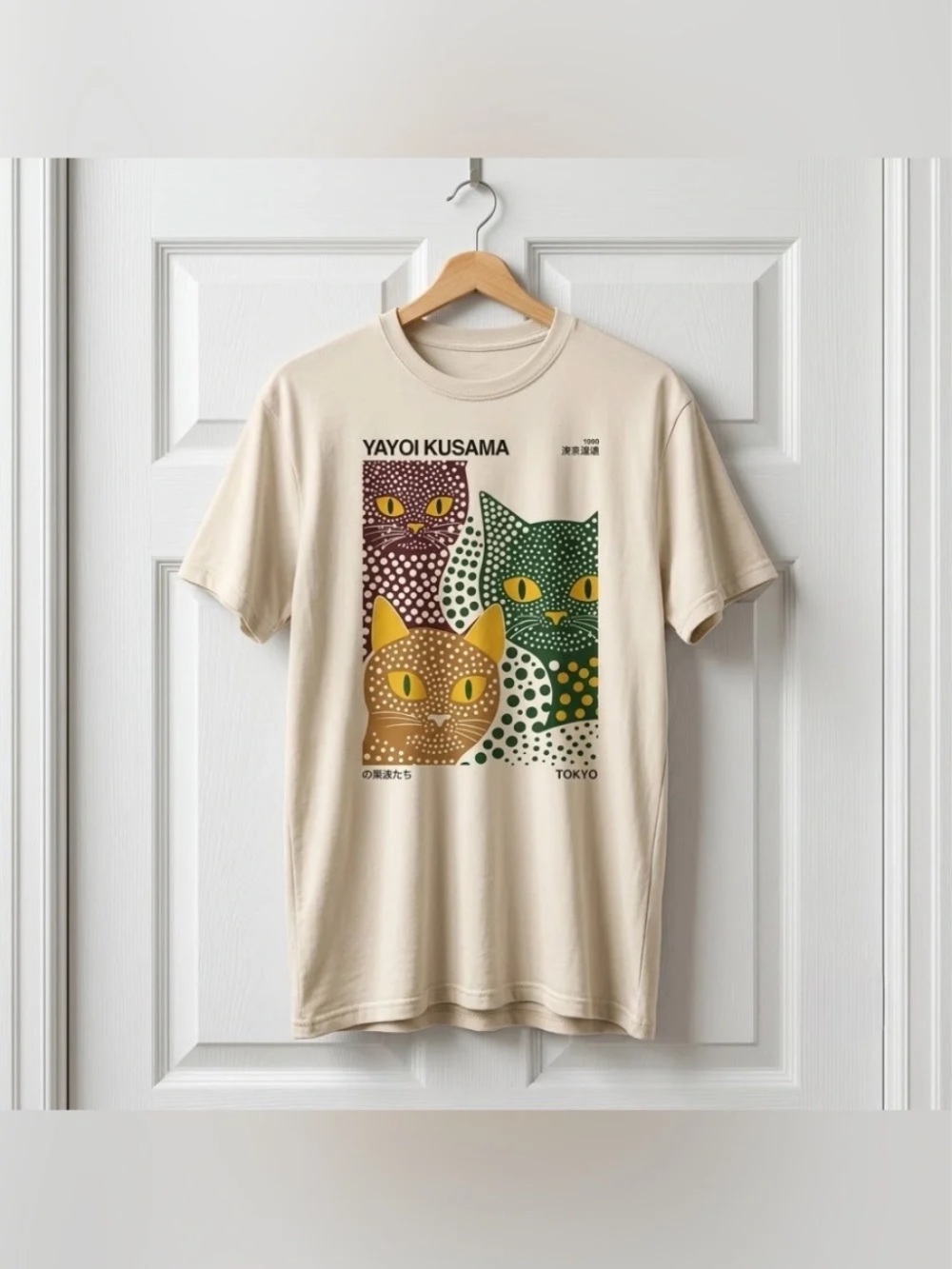 Off White Tee with Multicolor Yayoi Kusama Cat Print | YayoiKusama